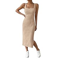 Dresses for Women 2023 Solid Textured Split Thigh Tank Midi Dress
