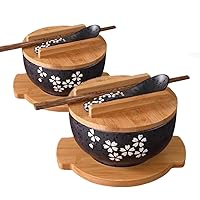 2 Noodle Bowl Sets 10 piece, Melamine Large Ramen Bowls Set. Asian Chinese Japanese or Pho Soup 35oz. With Spoons, Chopsticks and Stands Complete Dinnerware