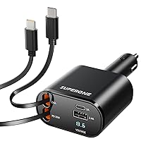 SUPERONE Fast Charge Retractable Car Charger with Dual Type C Car Charger Cords, 4 in 1 USB C Car Phone Charger Adapter PD 60W Phone Automobile Charger for iPhone15/15 Pro Max Samsung Galaxy Phone
