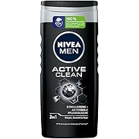 Nivea Men Active Clean Shower Gel (250 ml), Effective Shower Gel with Natural Activated Charcoal, Refreshing Shower for the Body, Face and Hair