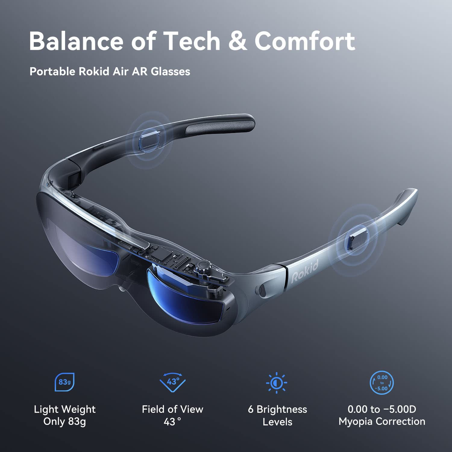 Rokid Air AR Glasses, Augmented Reality Glasses Wearable Headsets Smart Glasses for Video Display, Myopia Friendly Portable Massive 1080P Screen, Game, Watch on Android/iOS/PC/Tablets/Game Consoles