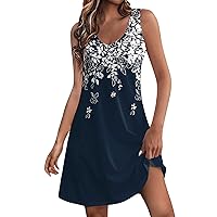 Summer Dresses for Women 2024 Vacation Casual V Neck Sleeveless Tank Sundress Boho Floral T Shirt Dress with Pockets