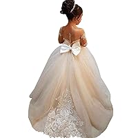 White Ivory Lace Long Sleeve Flower Girl Dresses Princess Gown Pageant Dress GZY202