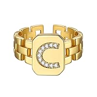 FOCALOOK 14K Gold Plated Initial Letter Ring for Women Adjustable Crystal Inlaid Alphabet A-Z Stackable Signet Rings
