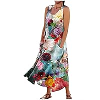 Womens Clothing Summer Beach Dresses for Women 2024 Floral Print Bohemian Casual Loose Fit Flowy with Sleeveless U Neck Linen Dress Multicolor 4X-Large