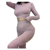 Seamless Yoga Set Fitness Sports Suit Women Gym Clothing Running Yoga Set Hollow Long Sleeve Crop Top Shirts High Waist Leggings (Color : Pink yoga set, Size : L)