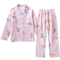 Unifizz Women's Pajamas, 100% Cotton, Front-Open, Long-Sleeve, Cute, Loungewear, Relaxed Fit, Double-Layered Gauze, Long Pants, Top & Bottom Set, Stylish, Spring, Summer, Fall, Winter, Soft, Sleepwear