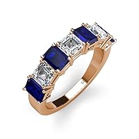 Emerald Cut (6x4 mm) Blue Sapphire and Asscher Cut Diamond 4.30 ctw, 7 Stone Shared Prong with Side Gallery Work Womens Wedding Band Stackable in 14K Gold