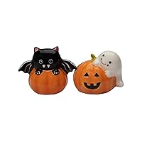 21058 Fine Ceramic Halloween Casper & Bat Dracula on Pumpkin Salt & Pepper Shakers Set, 3-1/8