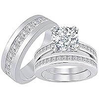 14K White Gold Plated 925 Sterling Sliver 3 Piece Wedding His Engagement & Her Band Rings Sets Cushion & Princess Cut Created Diamond for Couple Mens and Women Trio Ring Set