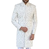 White Silk Hand-Embroidered Men’s Wedding Sherwani SH1102 White