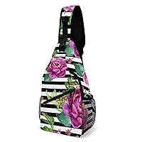 Pink Flowers - Black and White Stripes Sling Backpack Multipurpose Crossbody Shoulder Bag Printed Chest Bag Travel Hiking Daypack