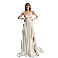 Women's Tulle Sleeveless A-Line Prom Dress Elegant V-Neck Lace Appliquie Side Slit Wedding Dresses for Bride Off-White