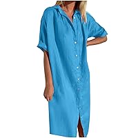 Women's Casual Cotton Linen Shirt Dress Button Down Short Sleeve Lapel V Neck Summer Loose Fit Beach Midi Dresses