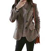 ebossy Womens Vintage Nothced Lapel Single Breasted Boyfriend Blazer Suits Houndstooth Plaid Jacket Coat with Patched Elbow