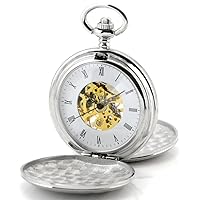 Simple Hollow Skeleton Steel Twin-Lids Mechanical Movement Pocket Watch (Enalbe to be Engraved)