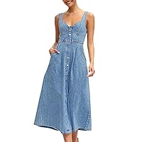 Fisoew Women’s Summer Denim Long Dress Button Down Sleeveless A Line Tank Jean Maxi Dress with Pockets
