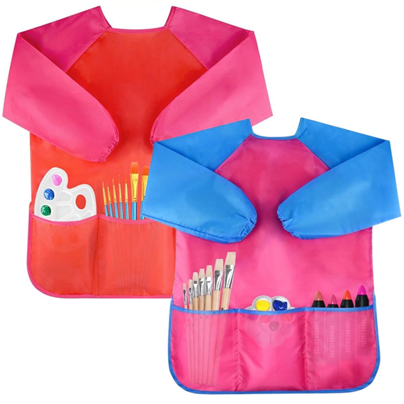 Bassion 2 Pack Kids Art Smocks Toddler Smock Waterproof Artist Painting Aprons Long Sleeve with 3 Pockets for Age 2-6 Years