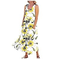 Summer Dresses for Women 2024 Printed Vacation Beach Dress with Pocket Sleeveless Trendy Dress Flowy Swing Sun Dress