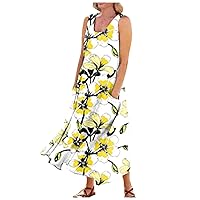 Pure Linen Dresses for Women Scoop Neck Sexy Beach Party Maxi Dress Sleeveless Tank Flowy Sundress with Pocket