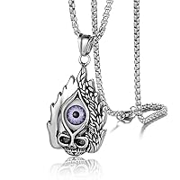 Gothic Punk Skull Halloween Skeleton Ghost Necklace for Men Women Stainless Steel Protection Purple Evil Eye Demon Pendant with 24 inch Chain