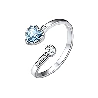 Silvora 925 Sterling Silver Adjustable Birthstone Ring with Heart Shaped Gemstone and Round CZ, Perfect for Women, with Gift Box