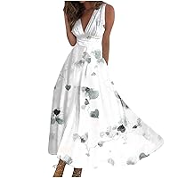 Resort Dress for Women 2024 Elegant Sleeveless Wrap V Neck Maxi Dresses Trendy Floral Printed Flowy Swing Sundress