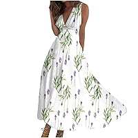 Maxi Dress Womens Trendy Sleeveless Casual V Neck Women's Fashion Floral Print Loose Line Outdoor Swing Streetwear