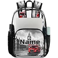 London Big Ben Tower Red Bus Personalized Clear Backpack Custom Large Clear Backpack Heavy Duty PVC Transparent Backpack with Reinforced Strap for Work Travel