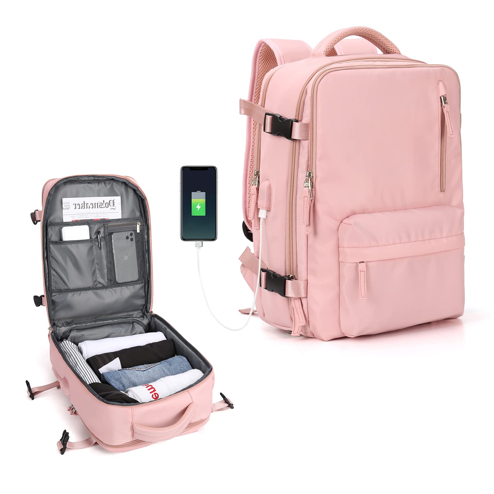 Large Travel Backpack Women, Carry On Backpack,Hiking Backpack Waterproof Outdoor Sports Rucksack Casual Daypack with Shoes Compartment, Pink