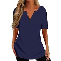 Summer Tops for Women Casual Plus Size Short Sleeve T Shirts Classic Solid Color Button Split V-Neck Pullover Blouse