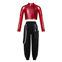 Girls 2pcs Sparkle Jazz Hip Hop Dance Outfit Long Sleeve Crop Top with Cargo Pants Clothing Set Tracksuit Dancewear