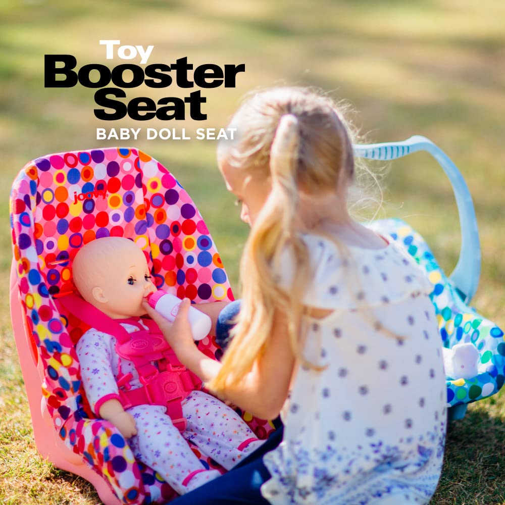 Joovy Toy Booster Seat & Functional Doll Car Seat Featuring Crash-Tested Latch System for Safety, Machine-Washable Cover for Easy Cleaning, and Five-Point Harness - Fits Dolls 12” to 22”, Pink