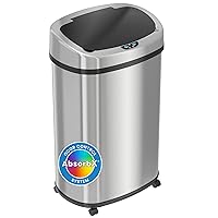 13 Gallon Sensor Trash Can with Wheels and AbsorbX Odor Control System, Stainless Steel, Oval Shape Automatic Kitchen and Office Garbage Bin (Powered by Battery or Optional AC Adapter)