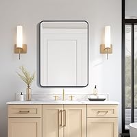 USHOWER Black Bathroom Mirror 22 x 30 Inch, Matte Black Rectangle Mirror for Wall, Rounded Metal Frame Vanity Mirror