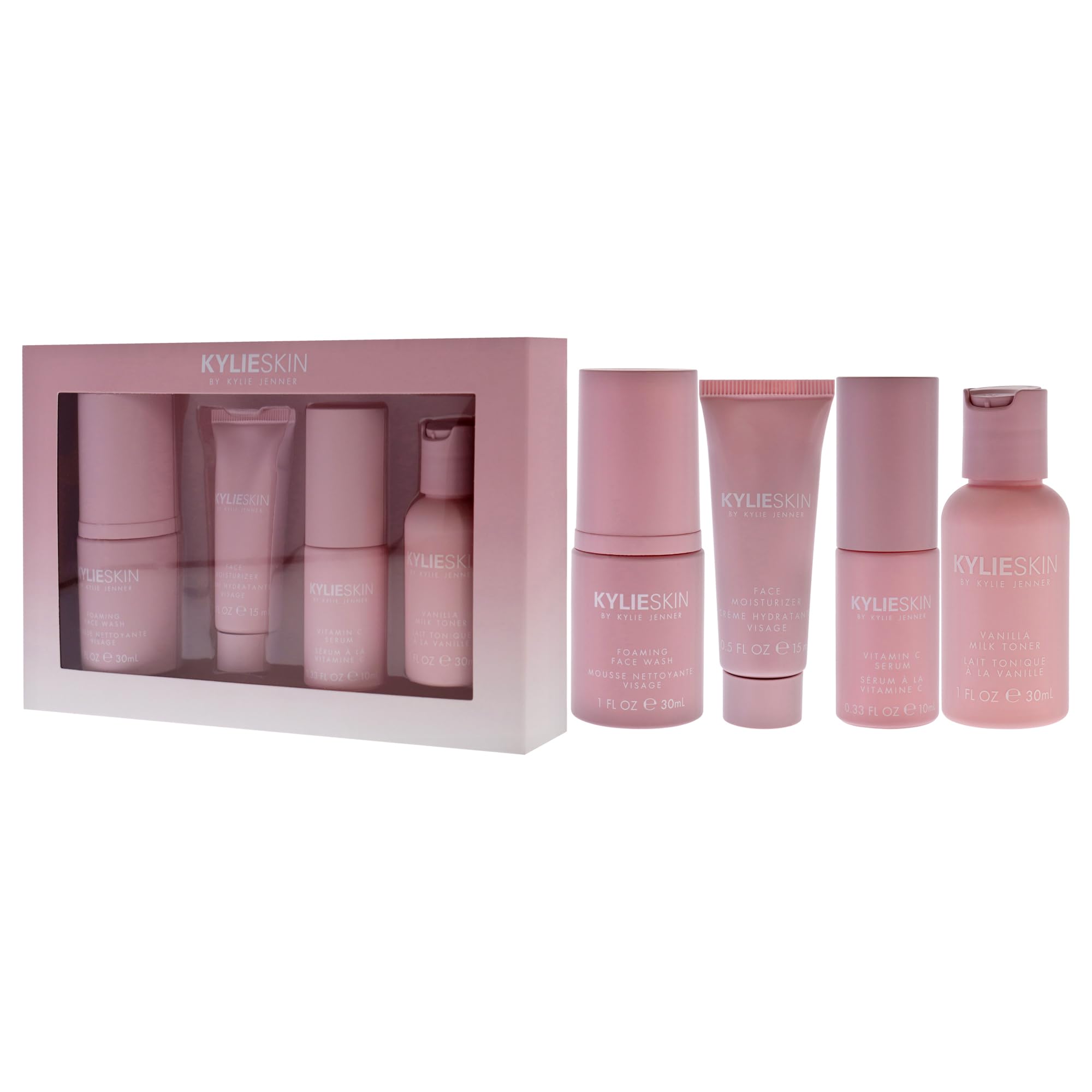 Skin Discovery Set by Kylie Cosmetics for Women - 4 Pc 1 oz Foaming Face Wash, 0.5 oz Face Moisturizer, 0.3 oz Vitamin C Serum, 1 oz Vanilla Milk Toner