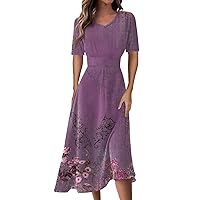 Summer Dresses for Women 2024 Floral Print V-Neck Short Sleeve Waist Long Swing Dress