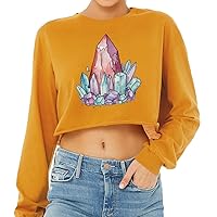 Cute Crystal Cropped Long Sleeve T-Shirt - Printed Women's T-Shirt - Illustration Long Sleeve Tee