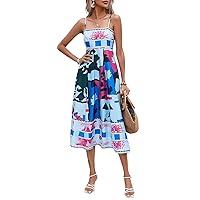 Women Casual Printed Spaghetti Strap Sleveless Long Dress Backless Cami Midi Dress 2024 Summer Beach Vacation Dresses
