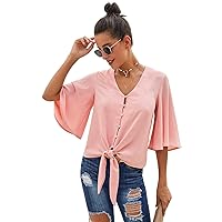 Chiffon Blouses Women Summer V Neck Single Breasted Quarter Sleeve Lace Up Shirts