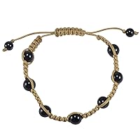Silvesto India 6-8mm Round Beaded Black Onyx Adjustable Bracelet with Brown Cord