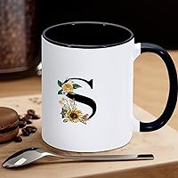 11oz Black White Coffee Mug,Sunflower Monogram Letter S Novelty Thanksgiving Ceramic Coffee Mug Tea Milk Juice Coffee Cup Funny Gifts for Sister Brother Grandparents