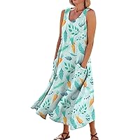 Trendy Dresses for Women 2024 Summer,Linen Maxi Flowy Dress for Women Fashion Sleeveless T-Shirt Sundress with Pocket