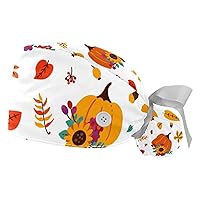 Thanksgiving Day Pumpkin Working Cap with Button & Sweatband 2 Pack Reusable Surgical Surgery Hats Ponytail Holder