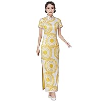 Cheongsam Dresses Silk Printed Mock Neck Short Sleeve Midi Wedding Party Fashion Qipao H3223M Yellow