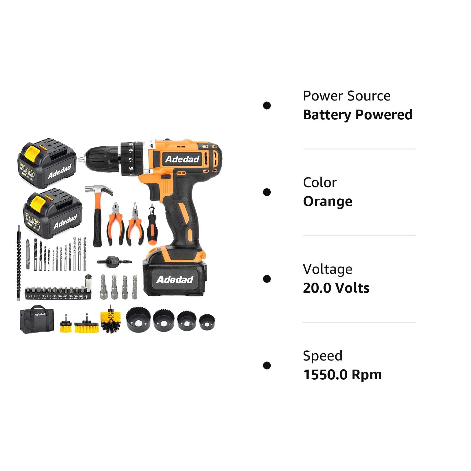 Adedad 20V Cordless Drill Set Electric Power Drill Kit with 2 Batteries and Charger,300 in-lbs Torque, 3/8 Inch Keyless Chuck, 23+1 Position,2 Variable Speed, LED Light and 48pcs Accessories