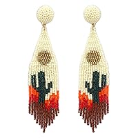 Beaded Western Tassel Post Earrings Handmade Navajo Earrings Rodeo Cactus