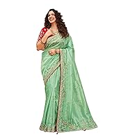 Green Pink Wedding Functional wear Indian Woman Organza Net Saree Blouse Bridal Heavy Border Designer Sari 2343