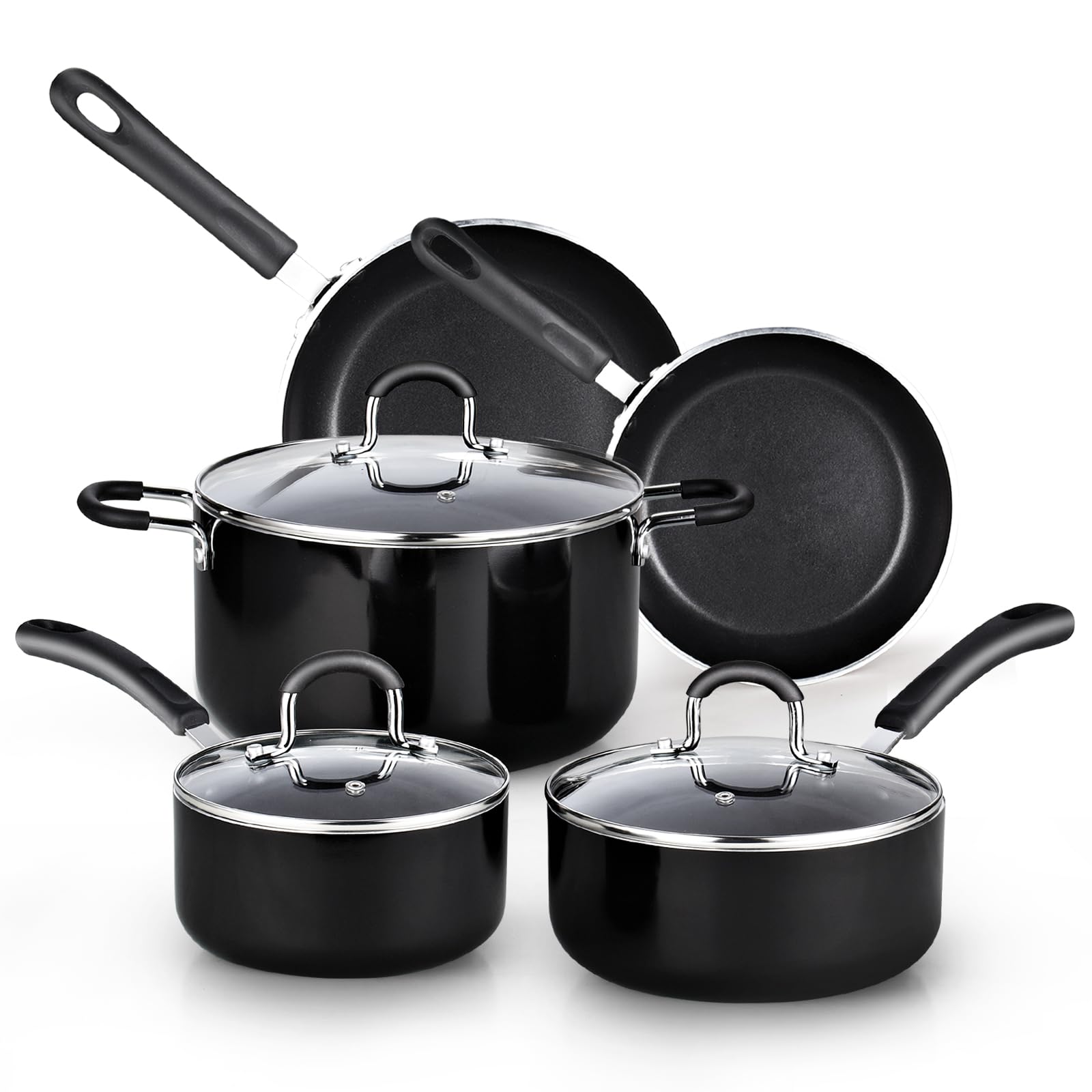 Cook N Home Pots and Pans Nonstick Kitchen Cookware Sets include Saucepan Frying Pan Stockpots 8-Piece, Heavy Gauge, Stay Cool Handle, Black