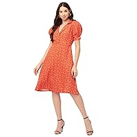 Women’s Printed Lapel Collar Dress Puffed Sleeves Knee Dress with Pockets